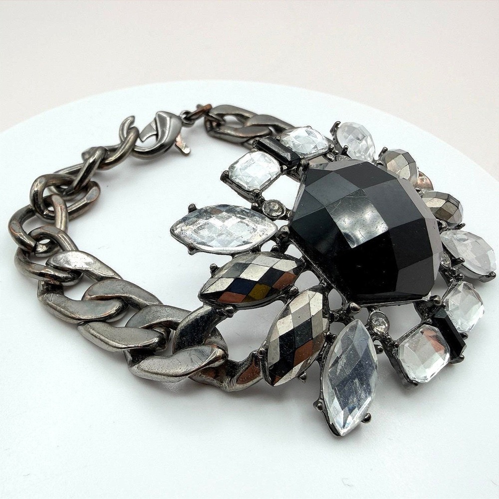 Vintage 90s‎ Statement Bracelet Gunmetal Curb Chain Black Clear Glass Jewelry